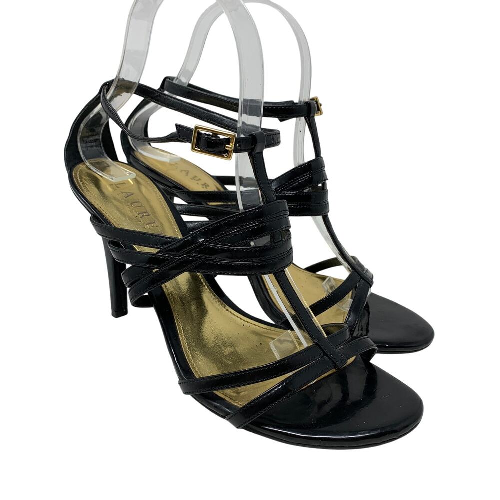 Lauren Ralph Lauren Strappy Heels Womens Size 7.5 Black Faux Patent Leather